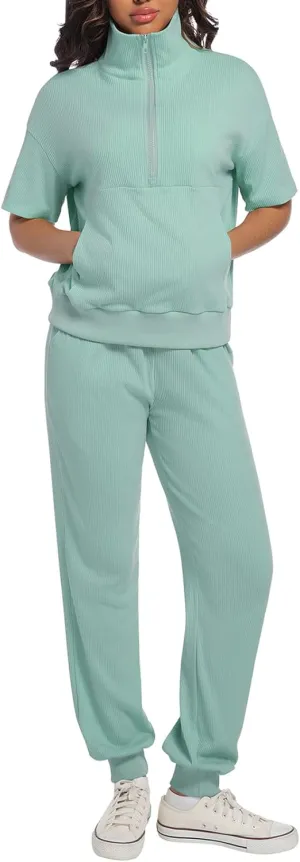AVAMO Womens Two Piece Sets Stretch Travel Outfits 3/4 Zip Jogger Sets 2 Piece Loungewear Airport Outfits Set with Pockets
