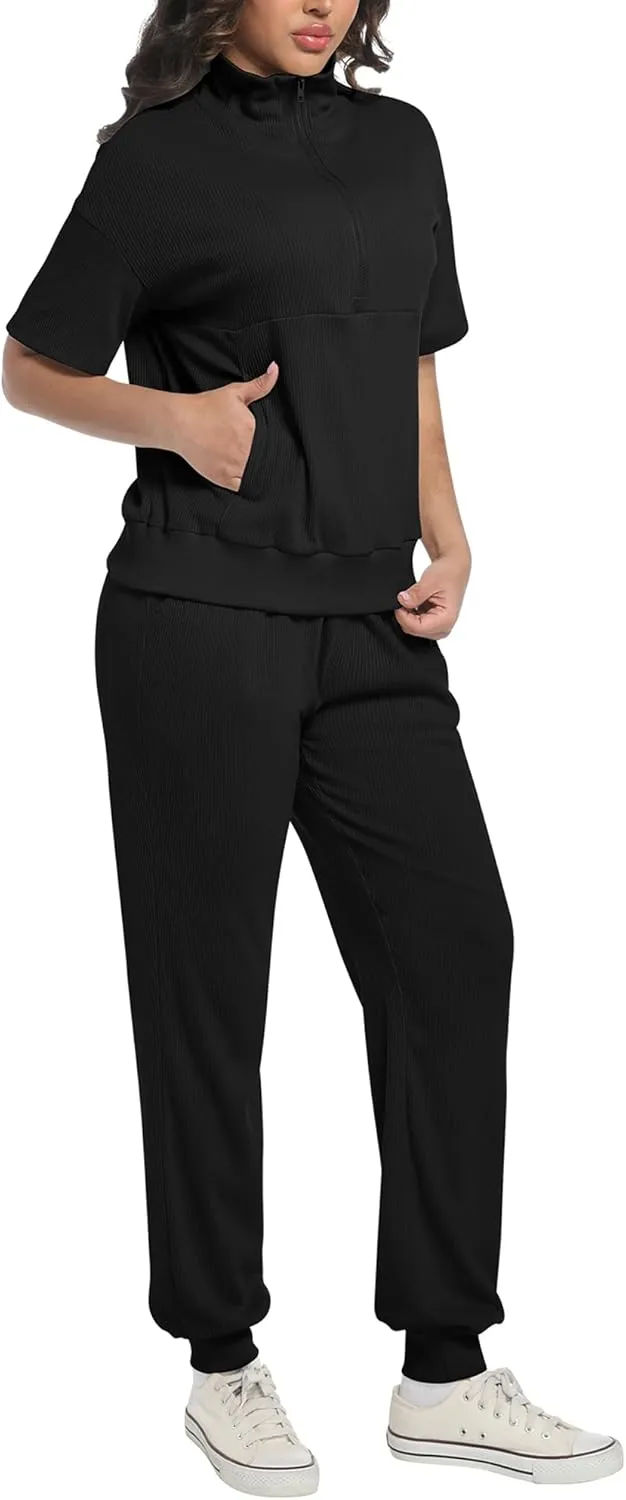 AVAMO Womens Two Piece Sets Stretch Travel Outfits 3/4 Zip Jogger Sets 2 Piece Loungewear Airport Outfits Set with Pockets