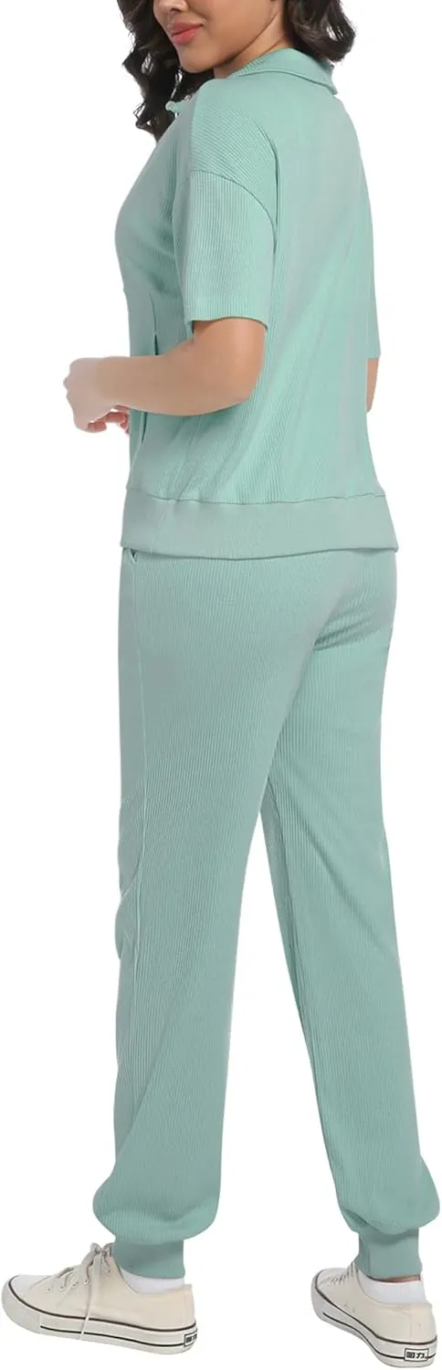 AVAMO Womens Two Piece Sets Stretch Travel Outfits 3/4 Zip Jogger Sets 2 Piece Loungewear Airport Outfits Set with Pockets