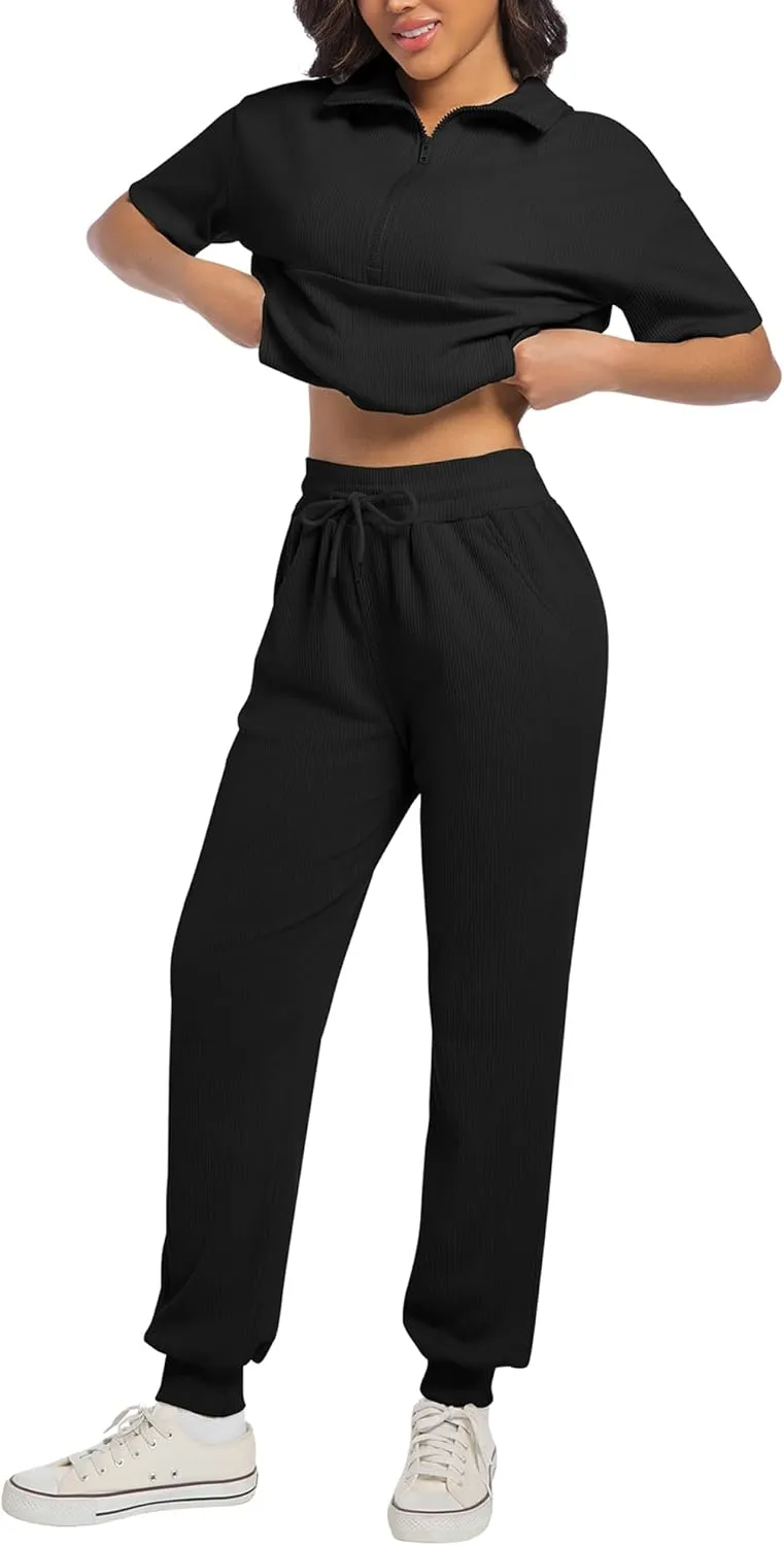 AVAMO Womens Two Piece Sets Stretch Travel Outfits 3/4 Zip Jogger Sets 2 Piece Loungewear Airport Outfits Set with Pockets