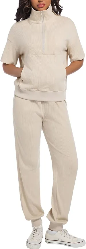 AVAMO Womens Two Piece Sets Stretch Travel Outfits 3/4 Zip Jogger Sets 2 Piece Loungewear Airport Outfits Set with Pockets