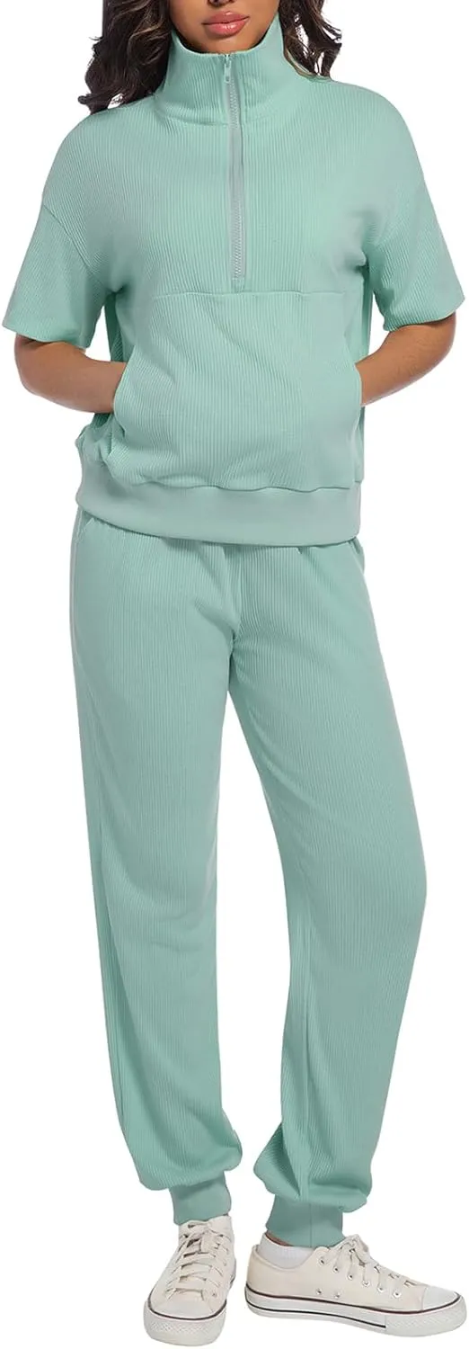 AVAMO Womens Two Piece Sets Stretch Travel Outfits 3/4 Zip Jogger Sets 2 Piece Loungewear Airport Outfits Set with Pockets