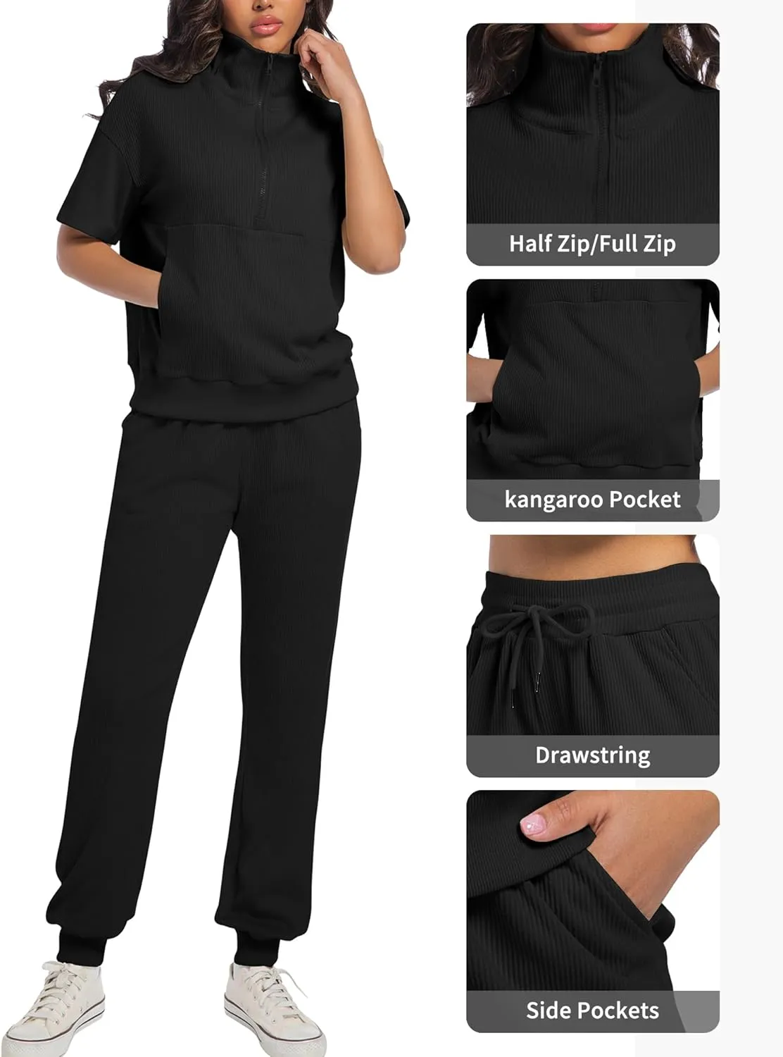 AVAMO Womens Two Piece Sets Stretch Travel Outfits 3/4 Zip Jogger Sets 2 Piece Loungewear Airport Outfits Set with Pockets