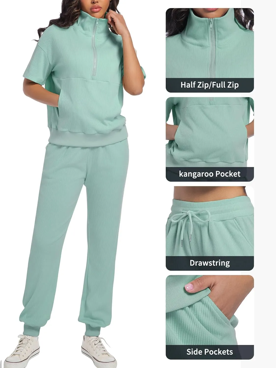 AVAMO Womens Two Piece Sets Stretch Travel Outfits 3/4 Zip Jogger Sets 2 Piece Loungewear Airport Outfits Set with Pockets