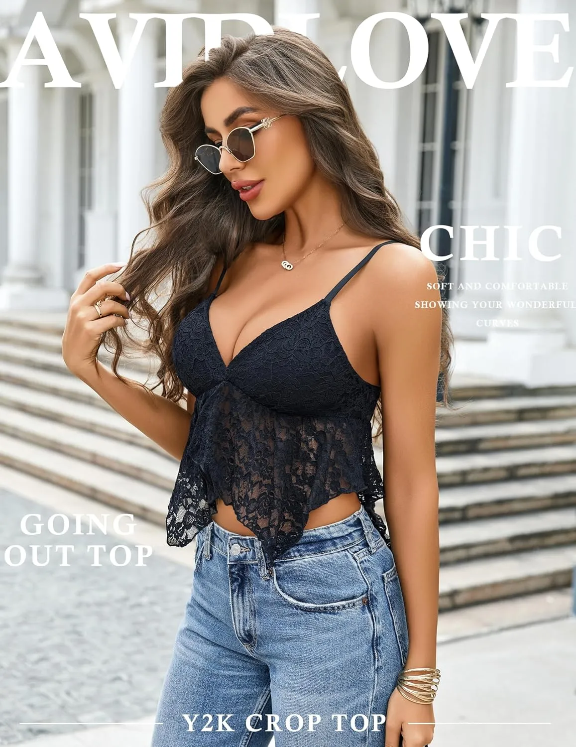 Avidlove Lace Bralette for Women V Neck Camisole Adjustable Spaghetti Strap Crop Tops