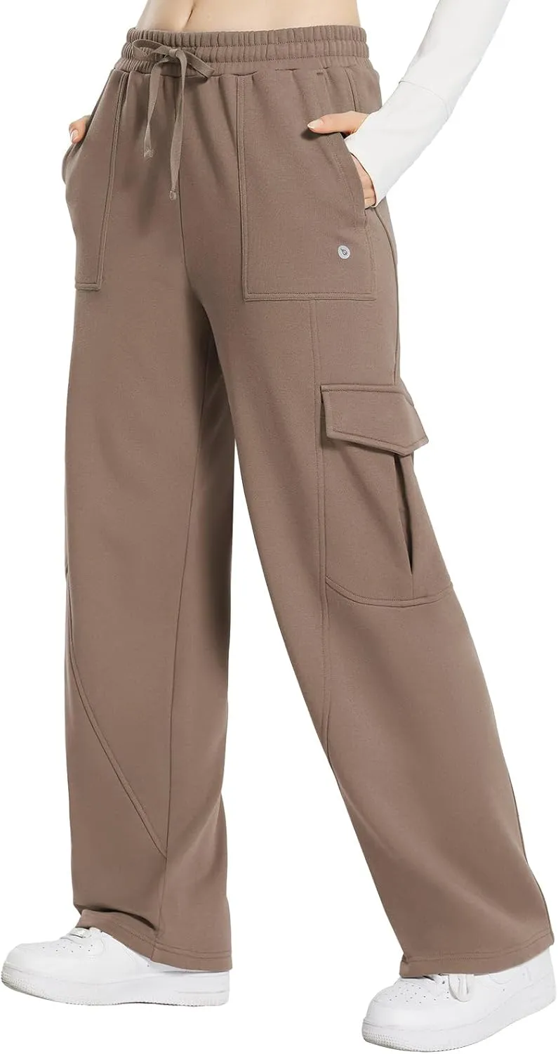 baleaf Womens Fleece Lined Cargo Sweatpants Wide Leg Sweat Pants with Pockets Mid Rise Dance Athletic