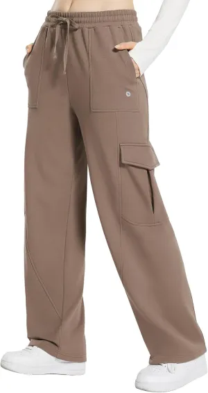 baleaf Womens Fleece Lined Cargo Sweatpants Wide Leg Sweat Pants with Pockets Mid Rise Dance Athletic
