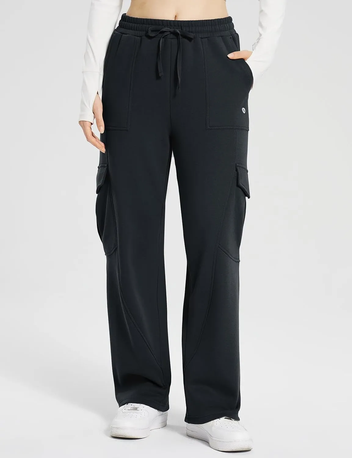 baleaf Womens Fleece Lined Cargo Sweatpants Wide Leg Sweat Pants with Pockets Mid Rise Dance Athletic