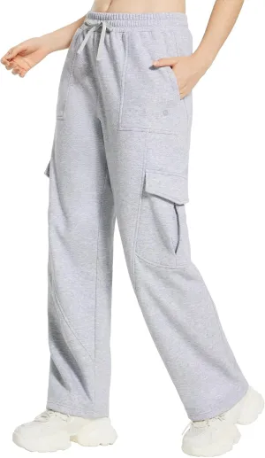 baleaf Womens Fleece Lined Cargo Sweatpants Wide Leg Sweat Pants with Pockets Mid Rise Dance Athletic