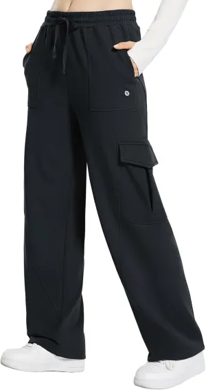 baleaf Womens Fleece Lined Cargo Sweatpants Wide Leg Sweat Pants with Pockets Mid Rise Dance Athletic
