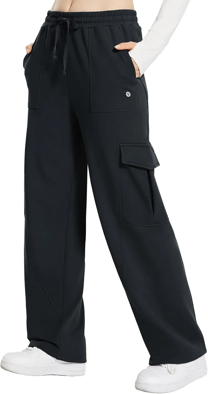 baleaf Womens Fleece Lined Cargo Sweatpants Wide Leg Sweat Pants with Pockets Mid Rise Dance Athletic