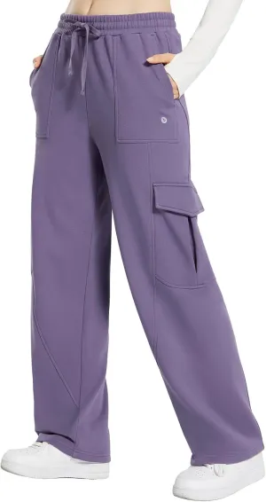 baleaf Womens Fleece Lined Cargo Sweatpants Wide Leg Sweat Pants with Pockets Mid Rise Dance Athletic