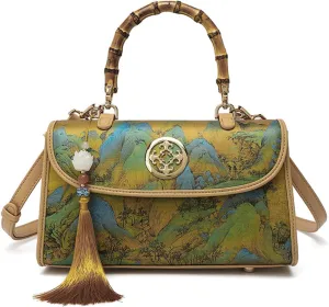 Bamboo Handle Purse for Woman Chinese Retro Landscape Print Crossbody Handbag Tassel Beaded Charm Purses Elegant Bag