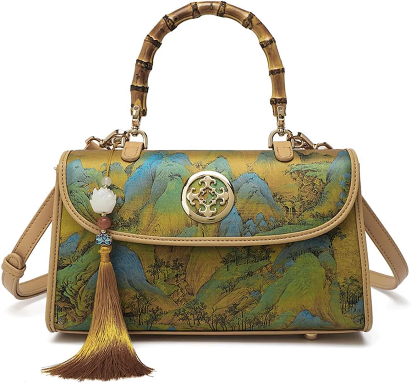 Bamboo Handle Purse for Woman Chinese Retro Landscape Print Crossbody Handbag Tassel Beaded Charm Purses Elegant Bag