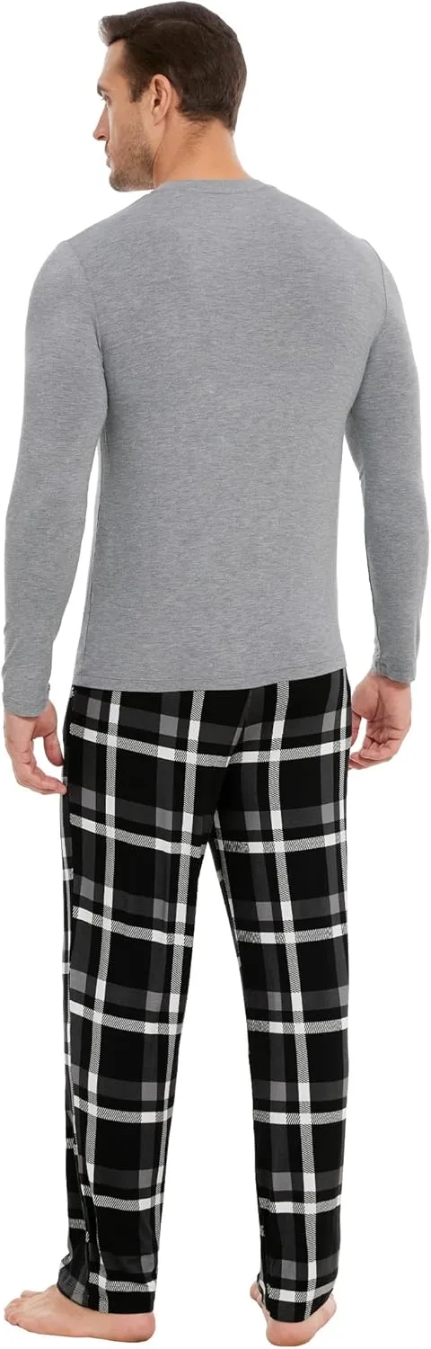 Bamboo Viscose Men's Pajama Sets Long Sleeve Plaid Loungewear Sets with Pockets