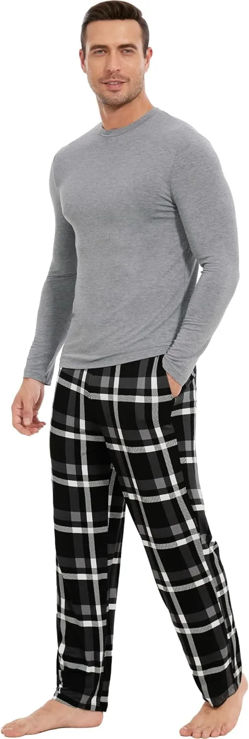 Bamboo Viscose Men's Pajama Sets Long Sleeve Plaid Loungewear Sets with Pockets