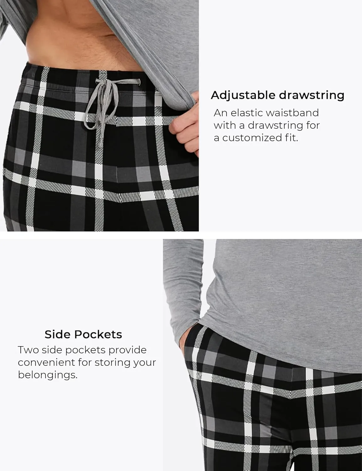 Bamboo Viscose Men's Pajama Sets Long Sleeve Plaid Loungewear Sets with Pockets