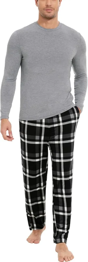 Bamboo Viscose Men's Pajama Sets Long Sleeve Plaid Loungewear Sets with Pockets