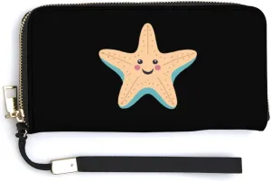 Beach Starfish Wristlet Wallet for Women Long Purse Card Holder Handbag with Zipper