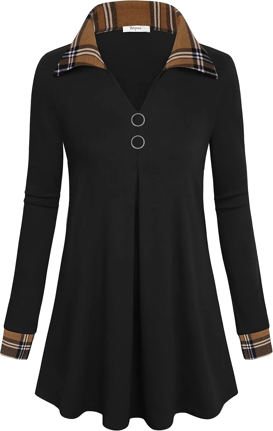Bebonnie Womens Long Sleeve Casual Lapel V Neck Pullover Tunic Blouse Tops with Buttons