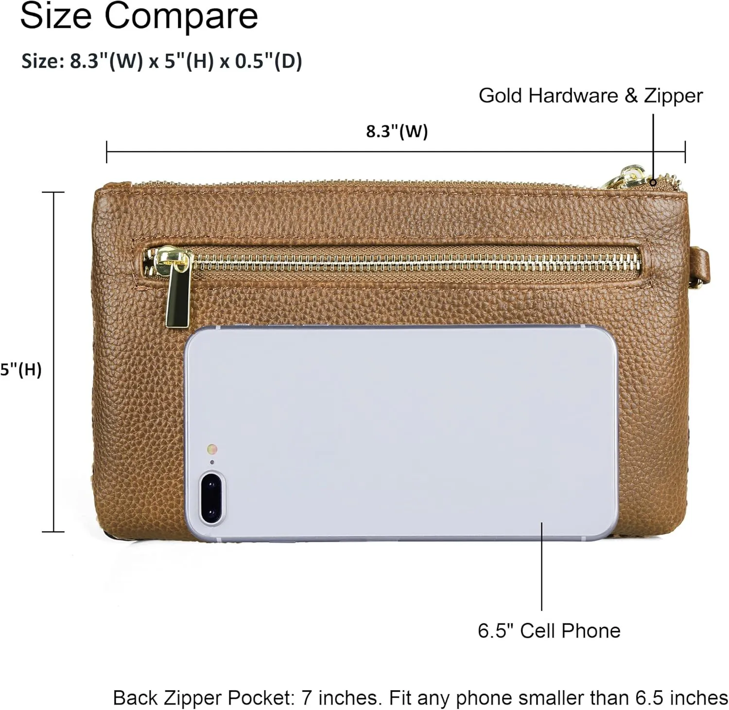 befen Women's Genuine Italian Leather Wristlet Clutch Wallet Purse, Gold Zipper