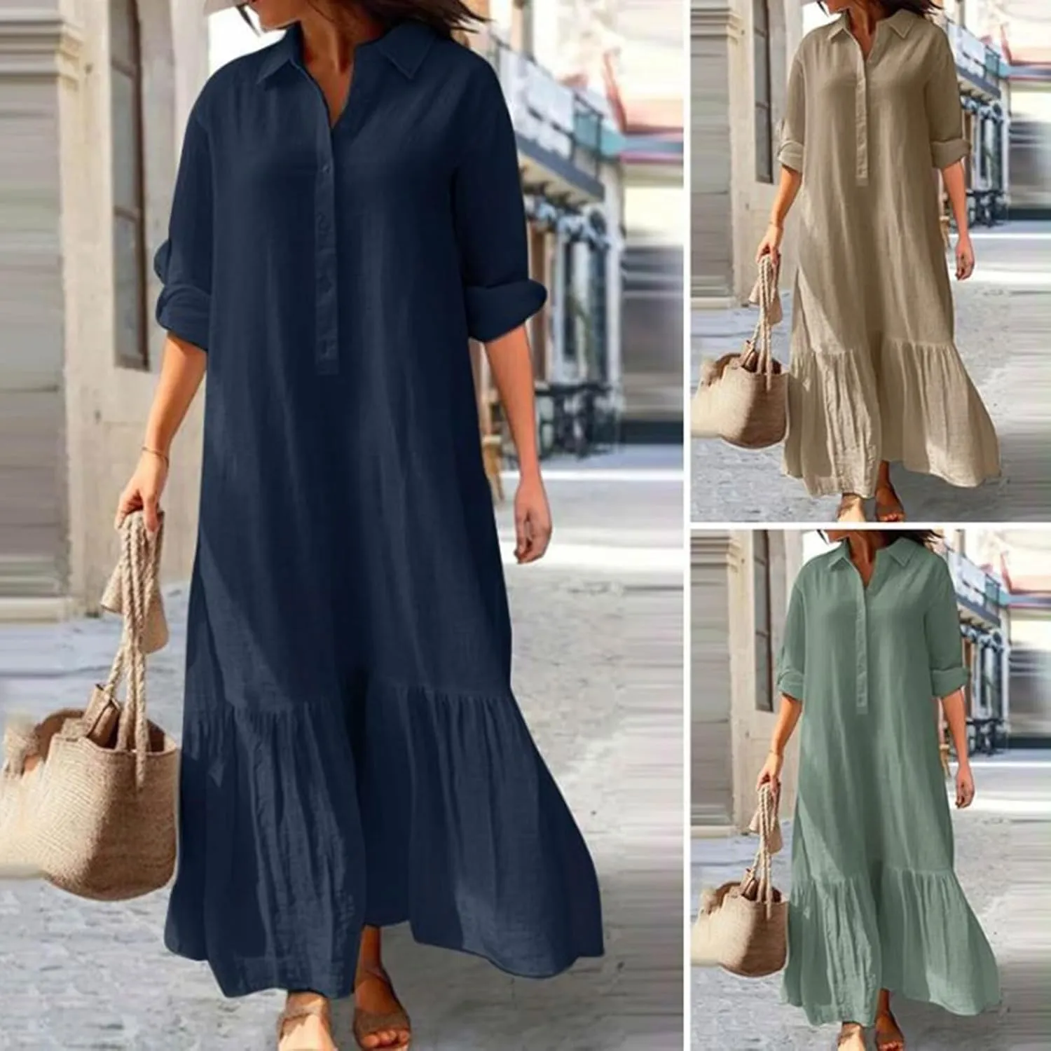 Bengbobar Women's Cotton Linen Maxi Dress Plus Size Casual Button Down Long Sleeve Flowy Lapel Collared Long Shirt Dress