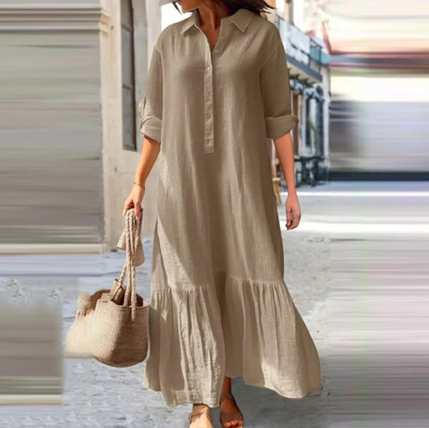Bengbobar Women's Cotton Linen Maxi Dress Plus Size Casual Button Down Long Sleeve Flowy Lapel Collared Long Shirt Dress