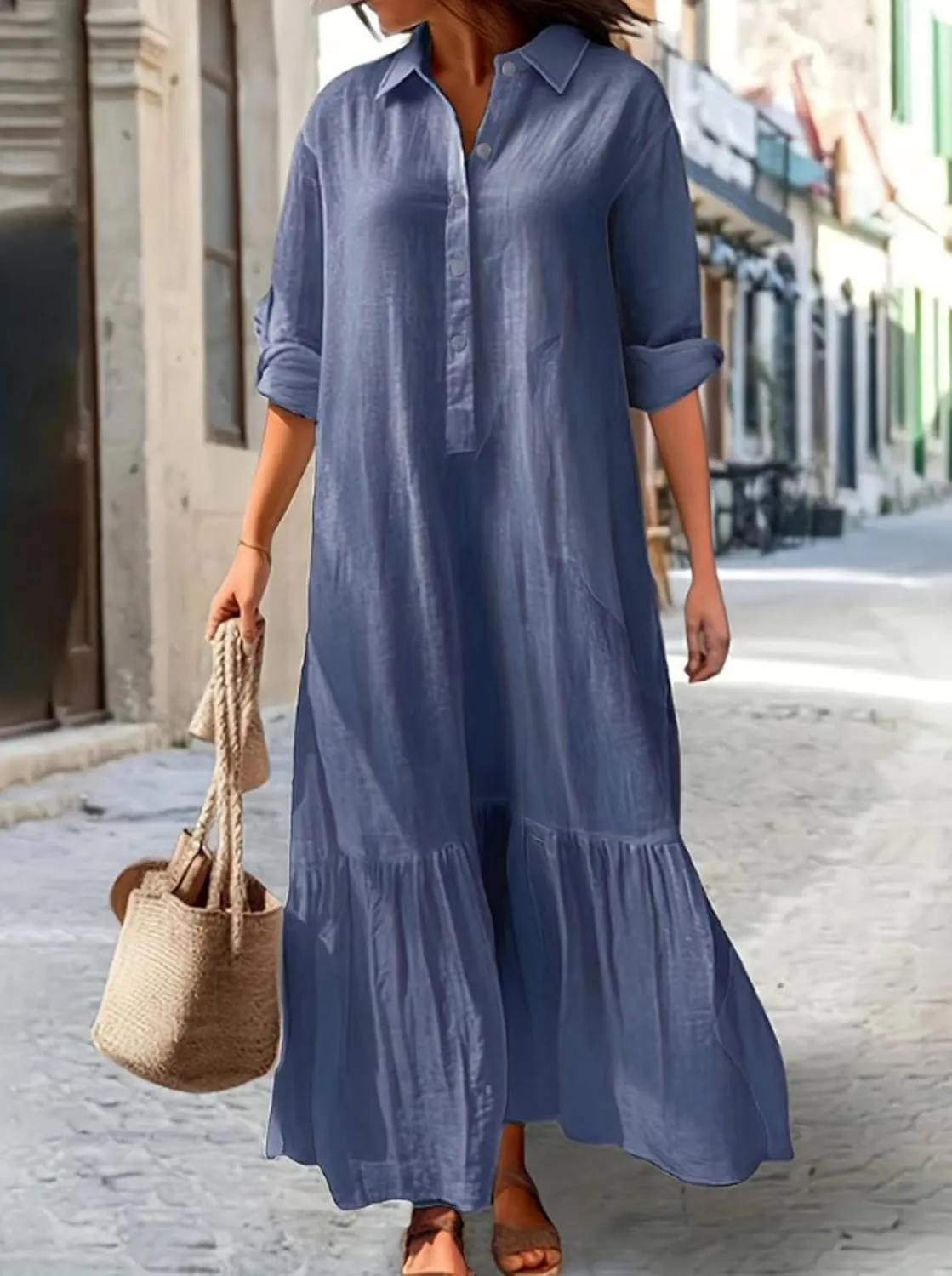 Bengbobar Women's Cotton Linen Maxi Dress Plus Size Casual Button Down Long Sleeve Flowy Lapel Collared Long Shirt Dress