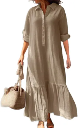 Bengbobar Women's Cotton Linen Maxi Dress Plus Size Casual Button Down Long Sleeve Flowy Lapel Collared Long Shirt Dress