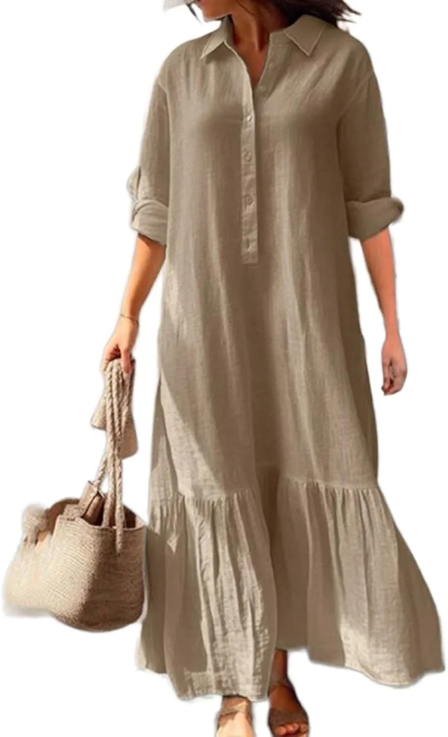 Bengbobar Women's Cotton Linen Maxi Dress Plus Size Casual Button Down Long Sleeve Flowy Lapel Collared Long Shirt Dress