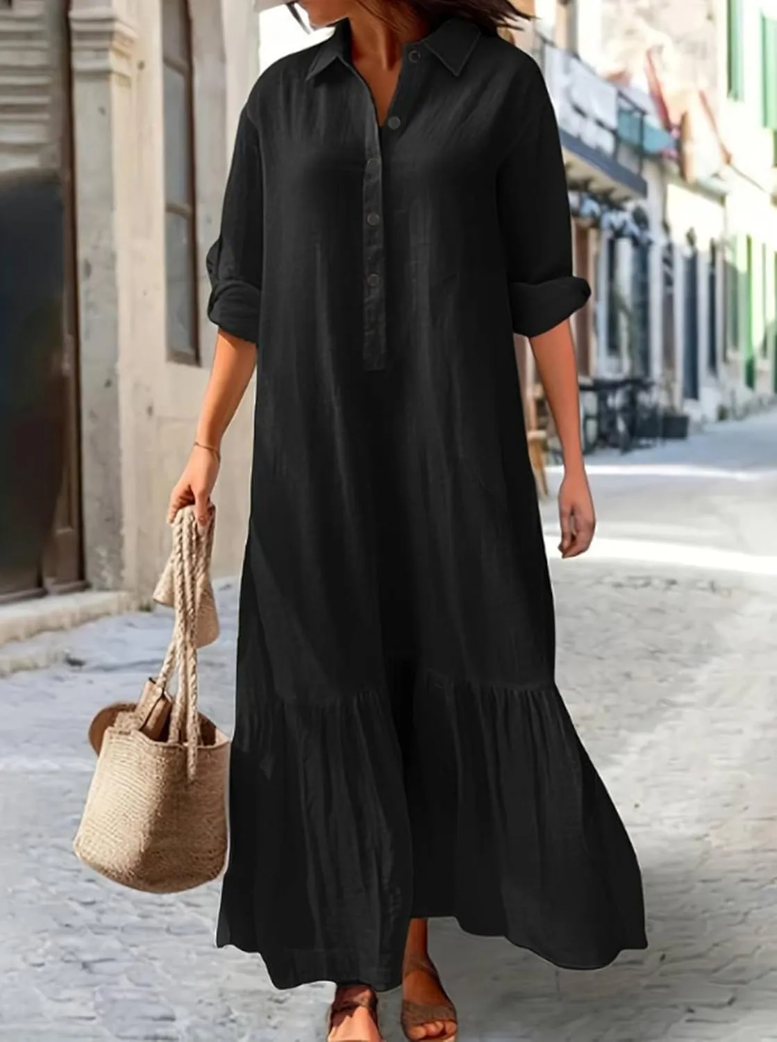 Bengbobar Women's Cotton Linen Maxi Dress Plus Size Casual Button Down Long Sleeve Flowy Lapel Collared Long Shirt Dress