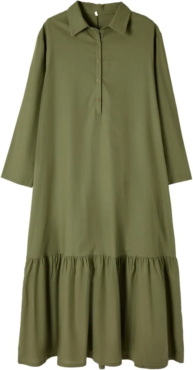 Bengbobar Women's Cotton Linen Maxi Dress Plus Size Casual Button Down Long Sleeve Flowy Lapel Collared Long Shirt Dress