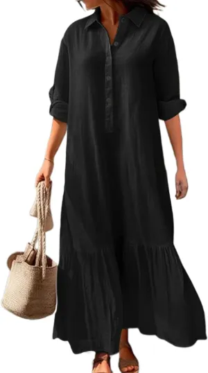Bengbobar Women's Cotton Linen Maxi Dress Plus Size Casual Button Down Long Sleeve Flowy Lapel Collared Long Shirt Dress