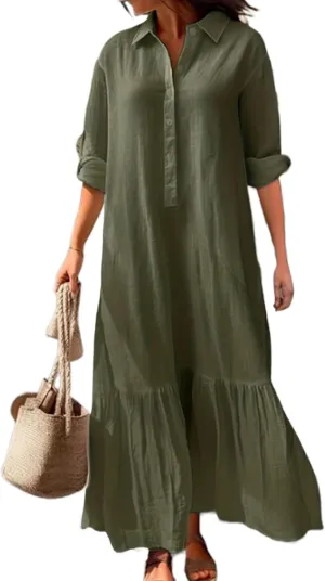 Bengbobar Women's Cotton Linen Maxi Dress Plus Size Casual Button Down Long Sleeve Flowy Lapel Collared Long Shirt Dress