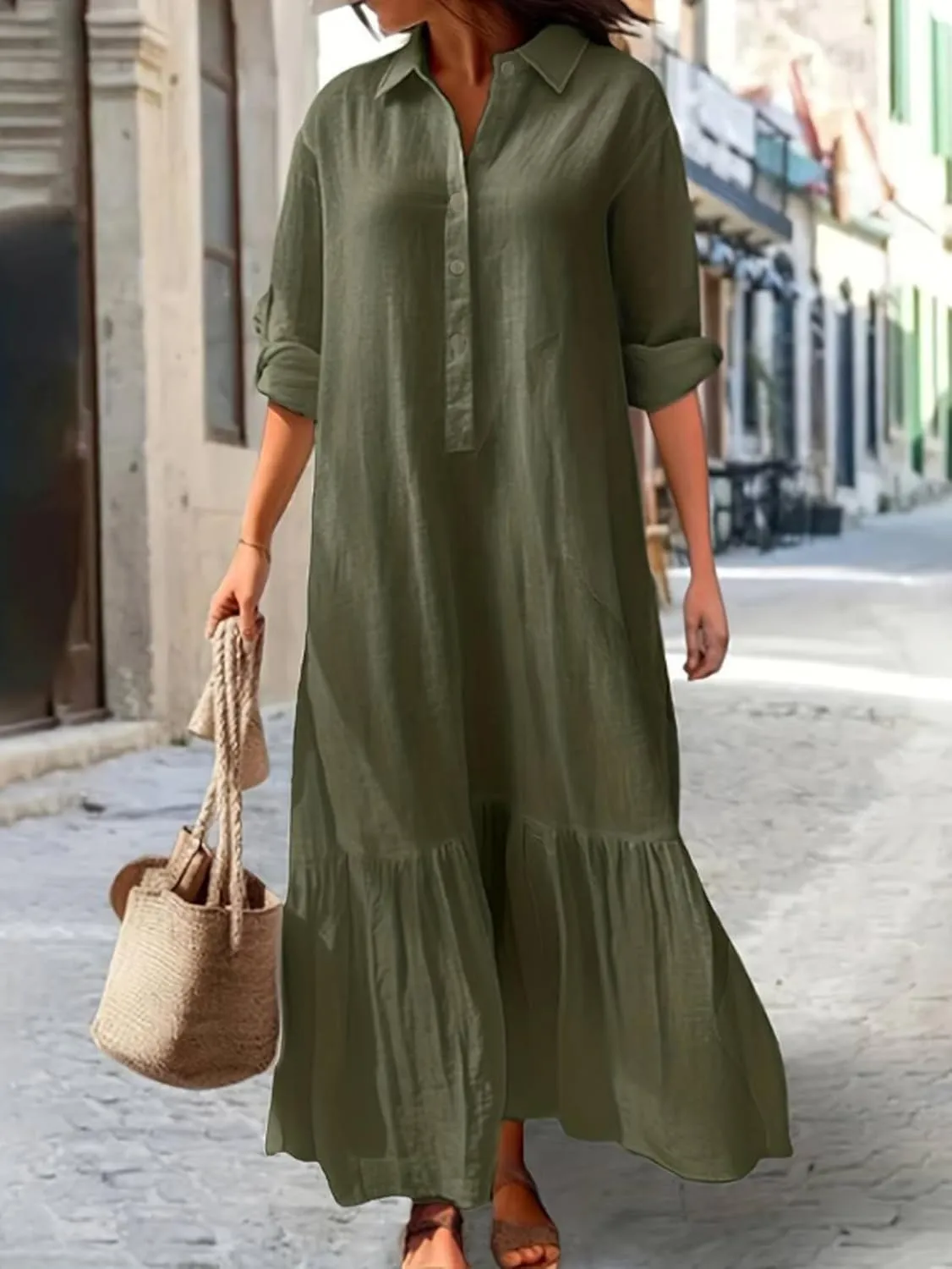 Bengbobar Women's Cotton Linen Maxi Dress Plus Size Casual Button Down Long Sleeve Flowy Lapel Collared Long Shirt Dress
