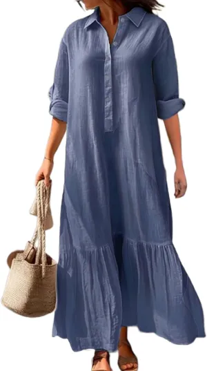 Bengbobar Women's Cotton Linen Maxi Dress Plus Size Casual Button Down Long Sleeve Flowy Lapel Collared Long Shirt Dress