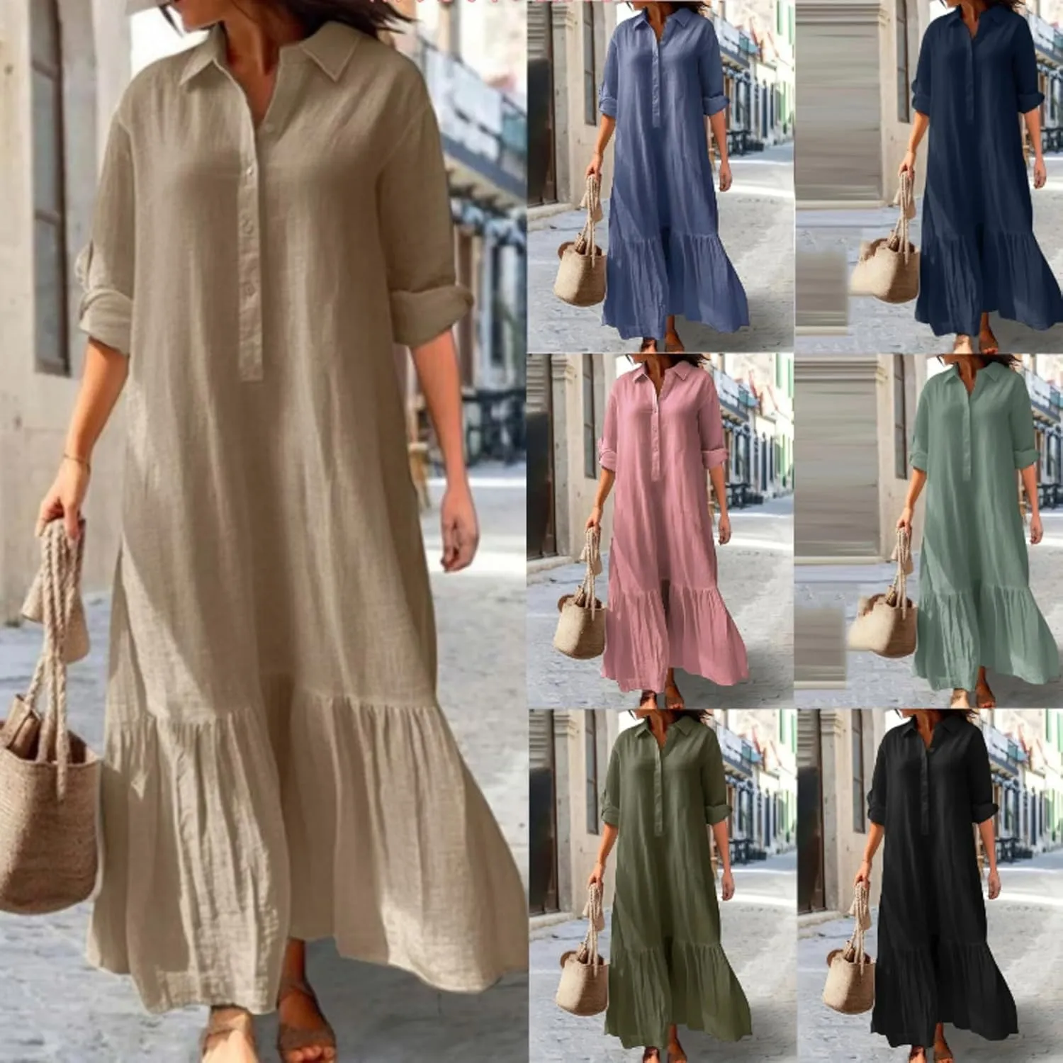 Bengbobar Women's Cotton Linen Maxi Dress Plus Size Casual Button Down Long Sleeve Flowy Lapel Collared Long Shirt Dress