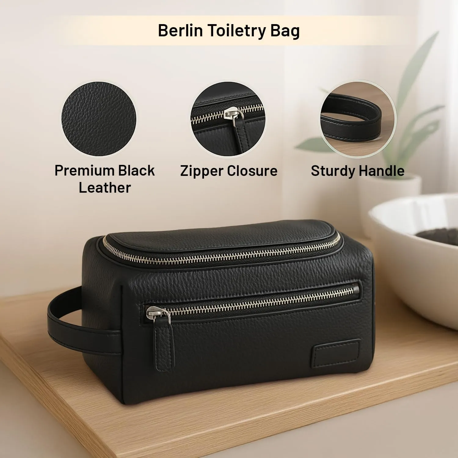 Bey-Berk Berlin Leather Toiletry Bag with Front Zipper Compartment, 10" x 5" x 5", Black