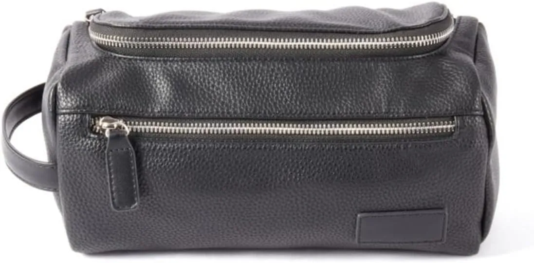 Bey-Berk Berlin Leather Toiletry Bag with Front Zipper Compartment, 10" x 5" x 5", Black
