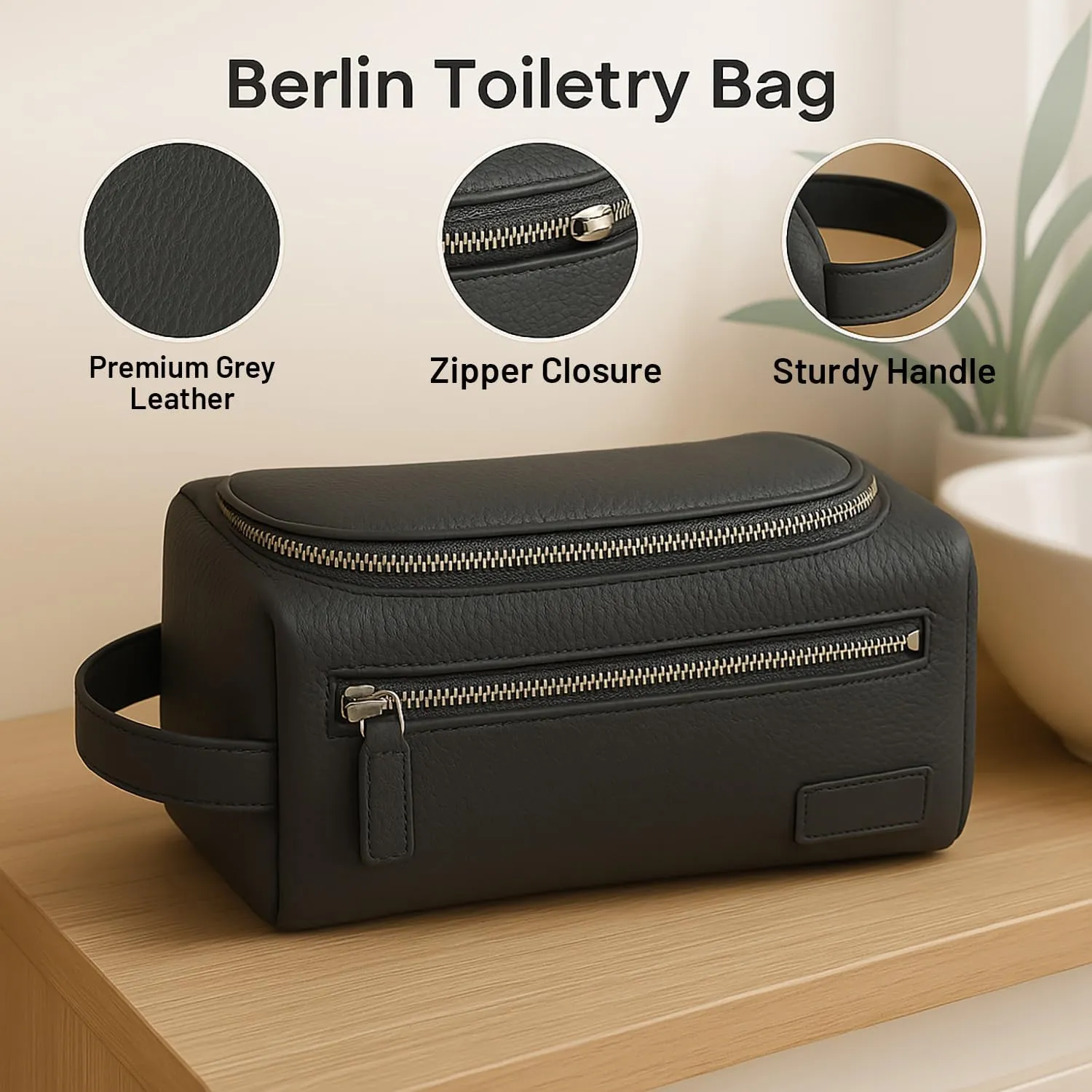 Bey-Berk Berlin Leather Toiletry Bag with Front Zipper Compartment, 10" x 5" x 5", Grey