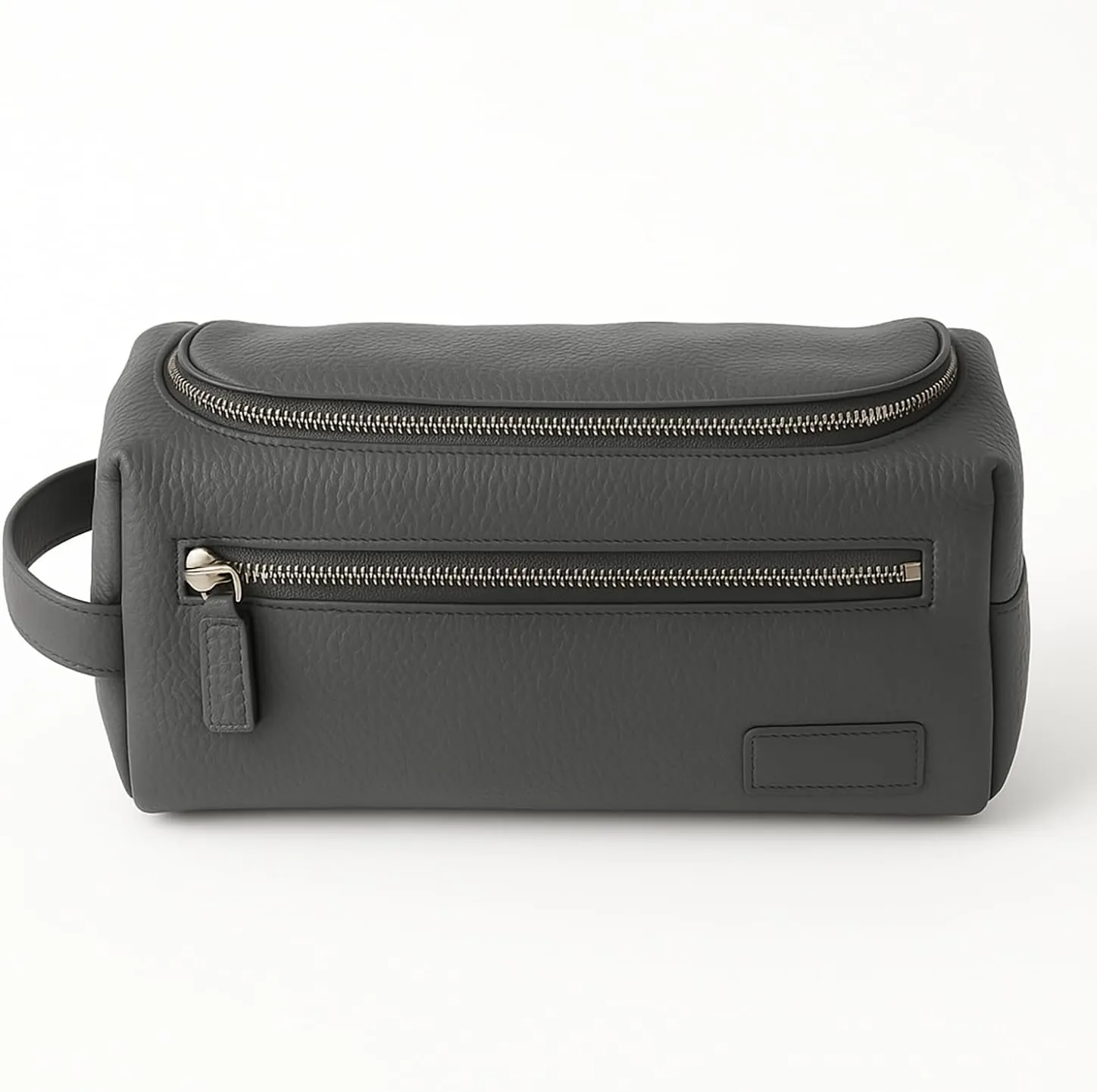 Bey-Berk Berlin Leather Toiletry Bag with Front Zipper Compartment, 10" x 5" x 5", Grey
