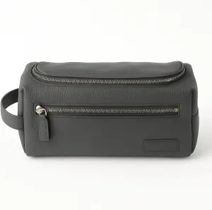 Bey-Berk Berlin Leather Toiletry Bag with Front Zipper Compartment, 10" x 5" x 5", Grey
