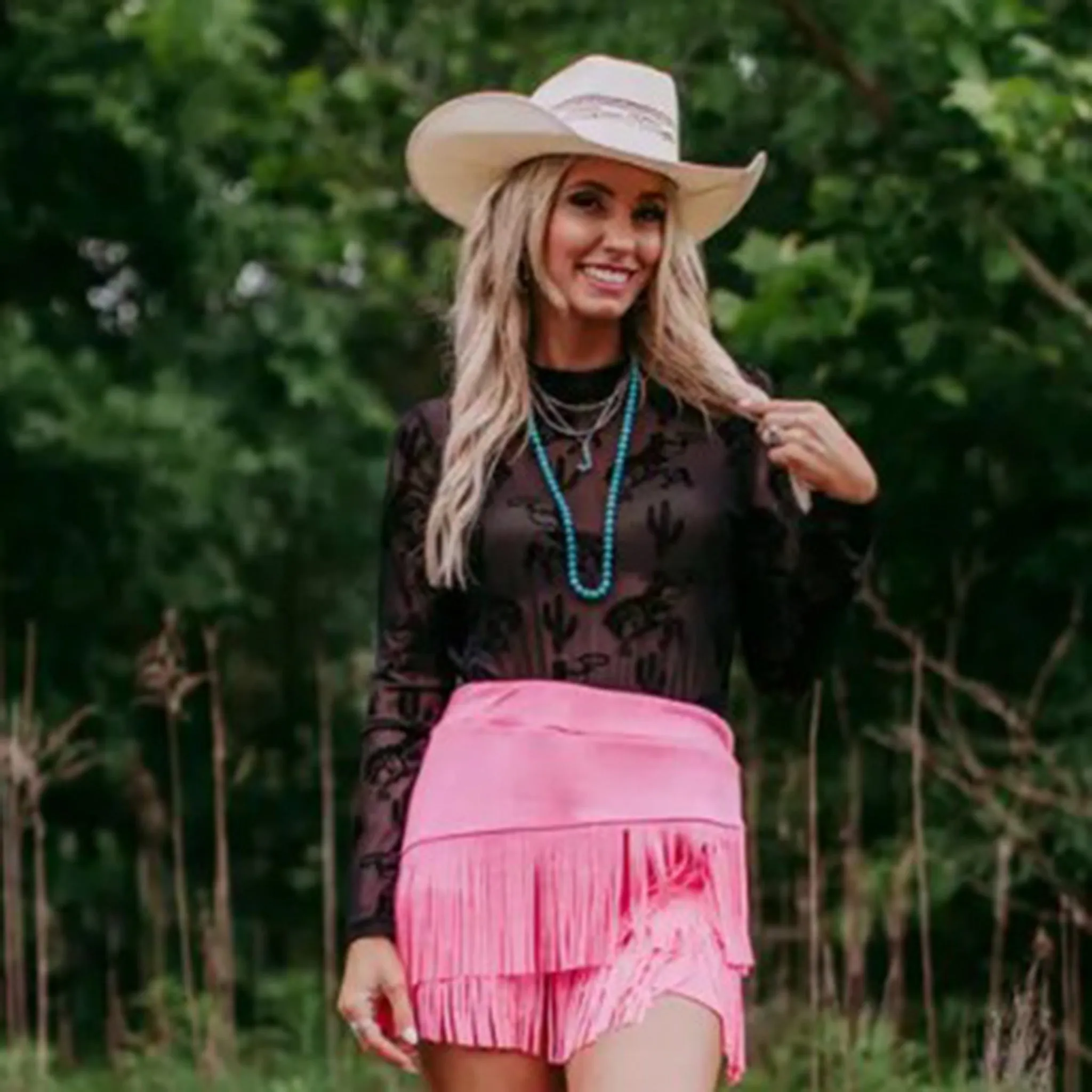 Black Bronc and Cactus Mesh Long Sleeve Top