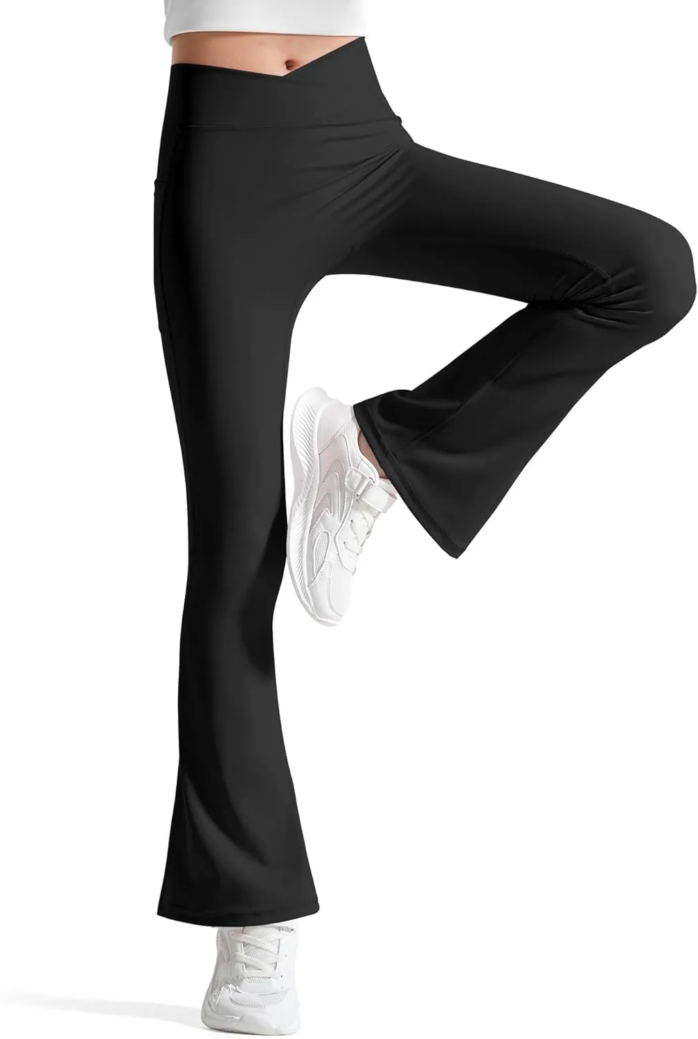 BOOPH Girls Flare Leggings with Pockets Cross-Waist High Waisted Yoga Pants Bell Bottoms Athletic Pants