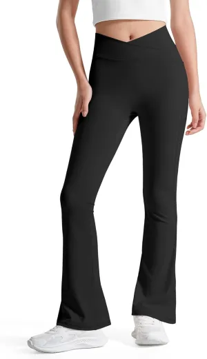 BOOPH Girls Flare Leggings with Pockets Cross-Waist High Waisted Yoga Pants Bell Bottoms Athletic Pants