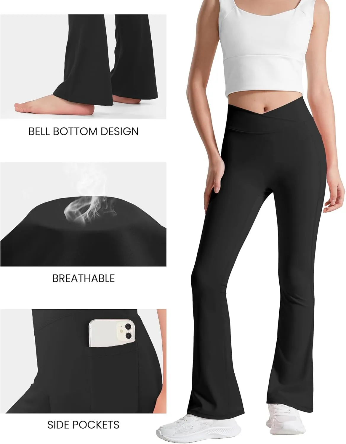 BOOPH Girls Flare Leggings with Pockets Cross-Waist High Waisted Yoga Pants Bell Bottoms Athletic Pants