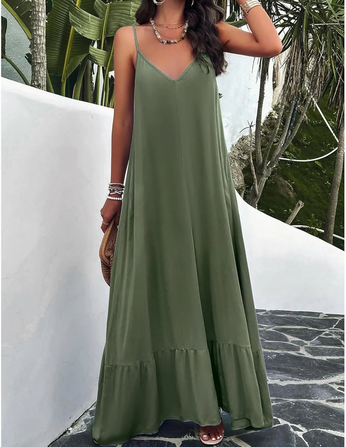 BROVAVE Women's Summer Casual Sundress Sleeveless Spaghetti Strap V Neck Loose Flowy Maxi Dresses with Pockets