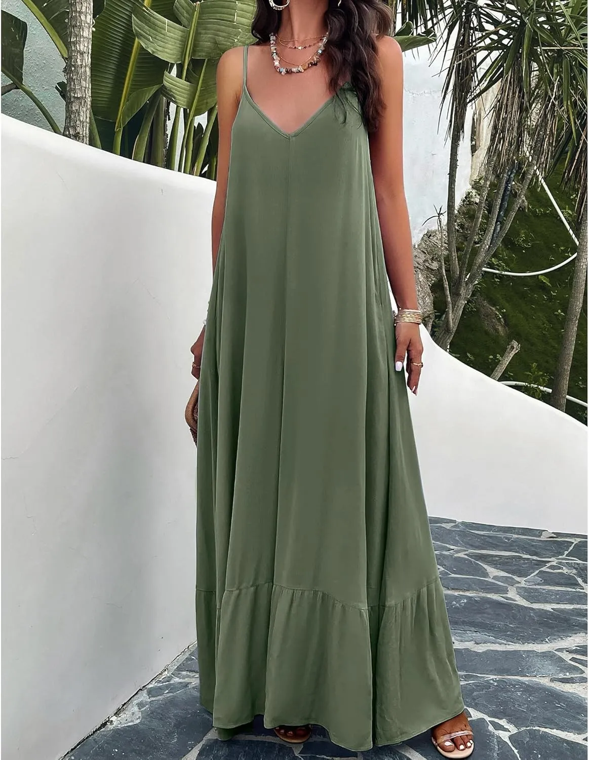 BROVAVE Women's Summer Casual Sundress Sleeveless Spaghetti Strap V Neck Loose Flowy Maxi Dresses with Pockets