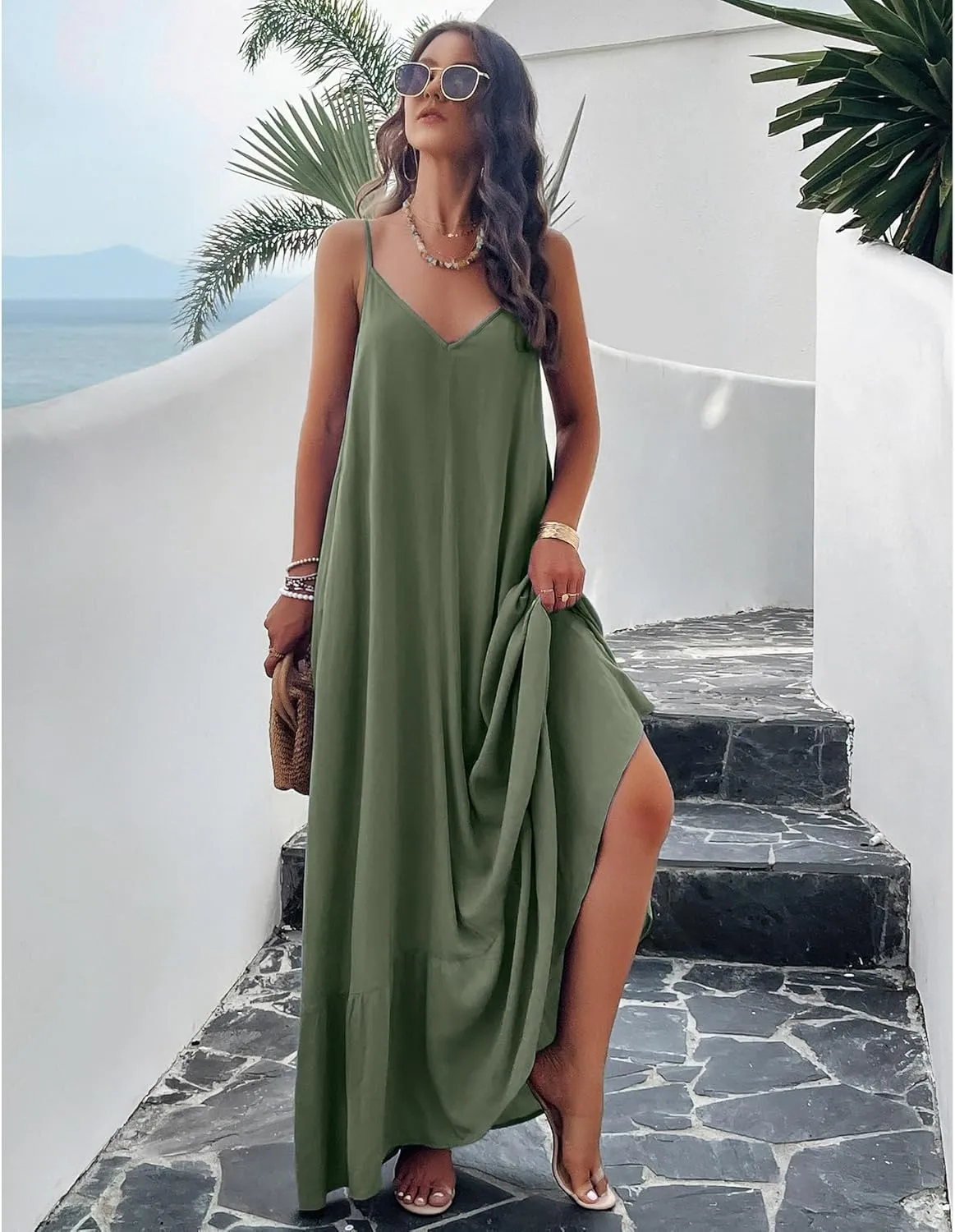 BROVAVE Women's Summer Casual Sundress Sleeveless Spaghetti Strap V Neck Loose Flowy Maxi Dresses with Pockets