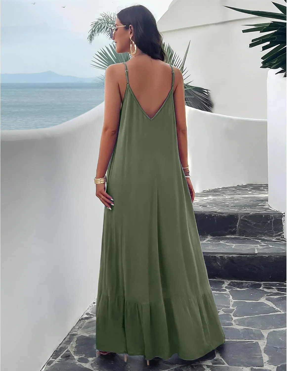 BROVAVE Women's Summer Casual Sundress Sleeveless Spaghetti Strap V Neck Loose Flowy Maxi Dresses with Pockets